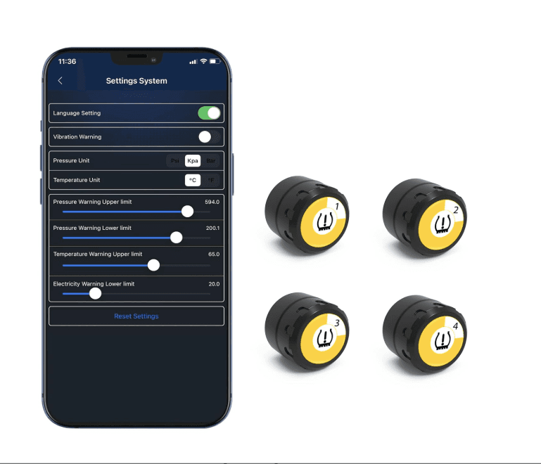 TPMS HỆ THỐNG GIÁM SÁT ÁP SUẤT LỐP BLUETOOTH 4PCS BLE 5.0